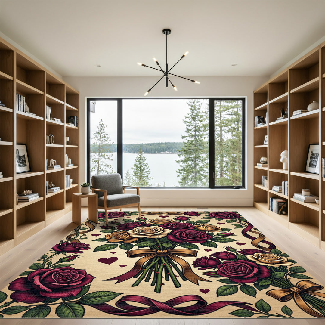 Rich Burgundy Gold Rose Bouquet Rug