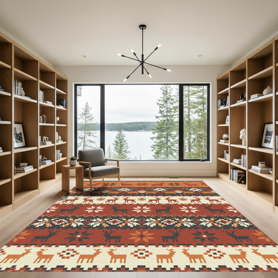 Rustic Earthy Deer Snowflake Stripes Rug