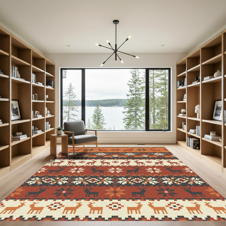 Rustic Earthy Deer Snowflake Stripes Rug