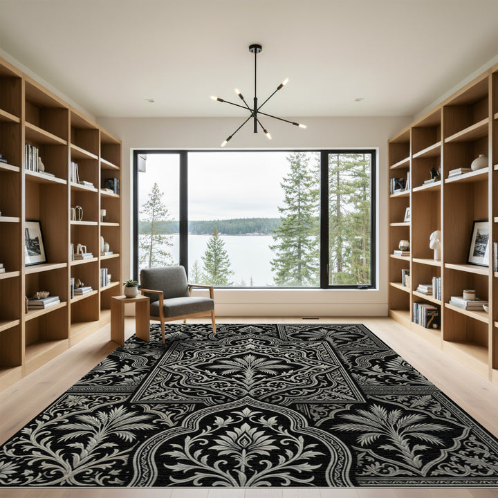 Black White Floral Tree Medallion Composition Rug
