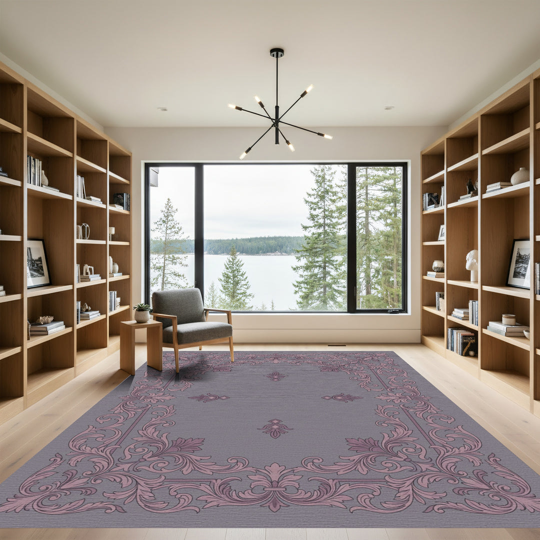 Ornate Floral Scrollwork Rose and Gray Rug