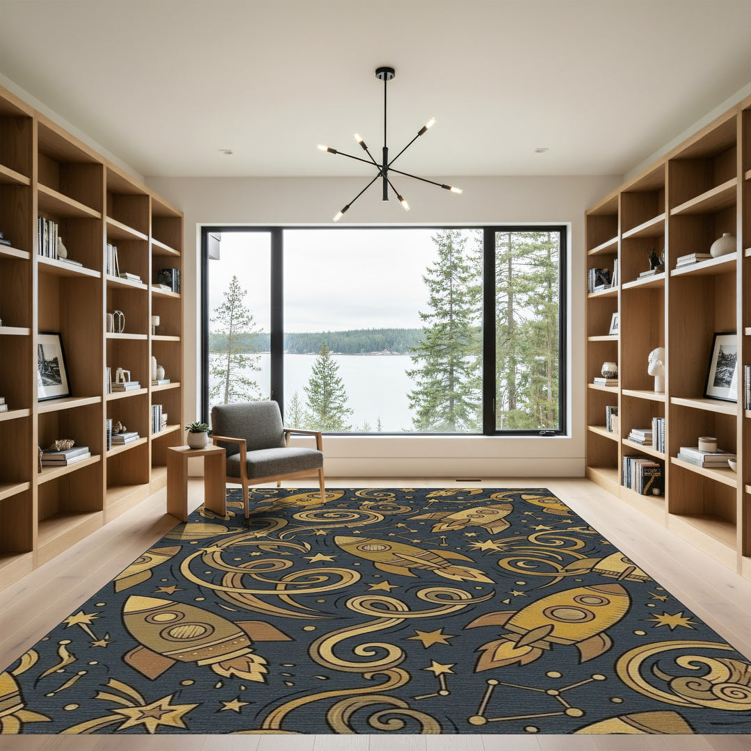 Golden Rockets Swirling Cosmic Nebula Rug