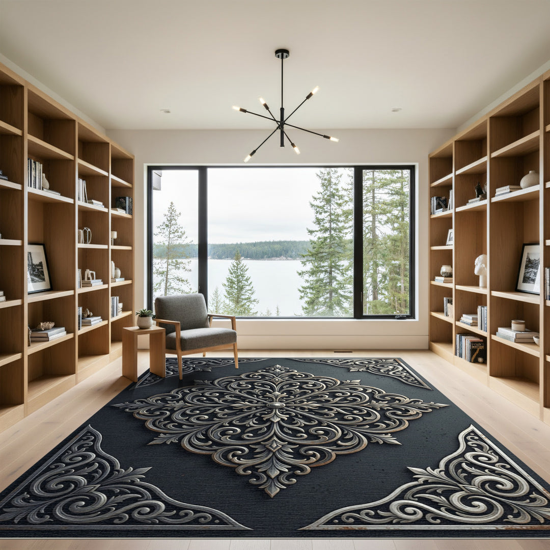 Silver Metal Scrollwork Square Rug