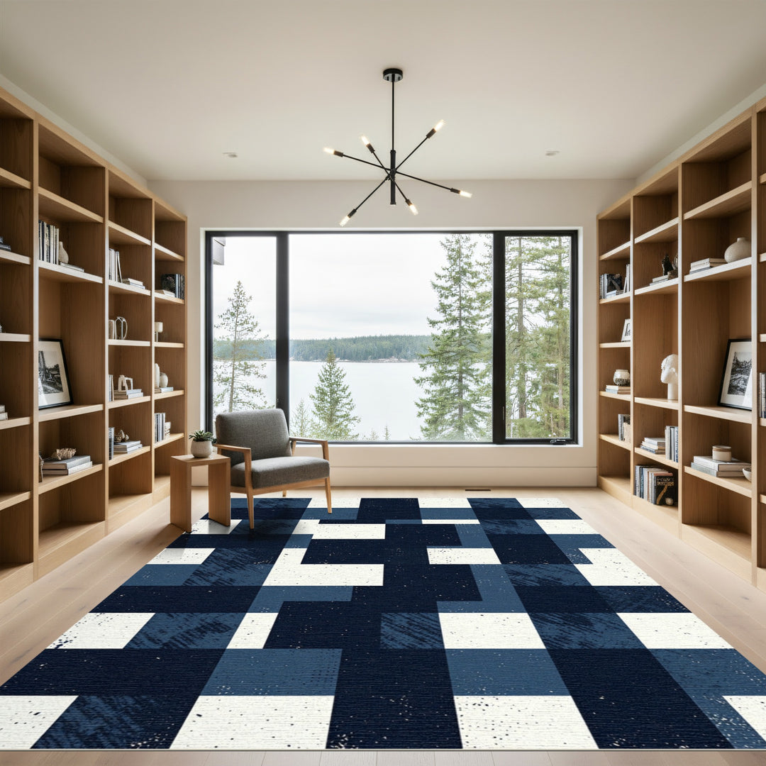Deep Blue Distressed Geometric Blocks Rug