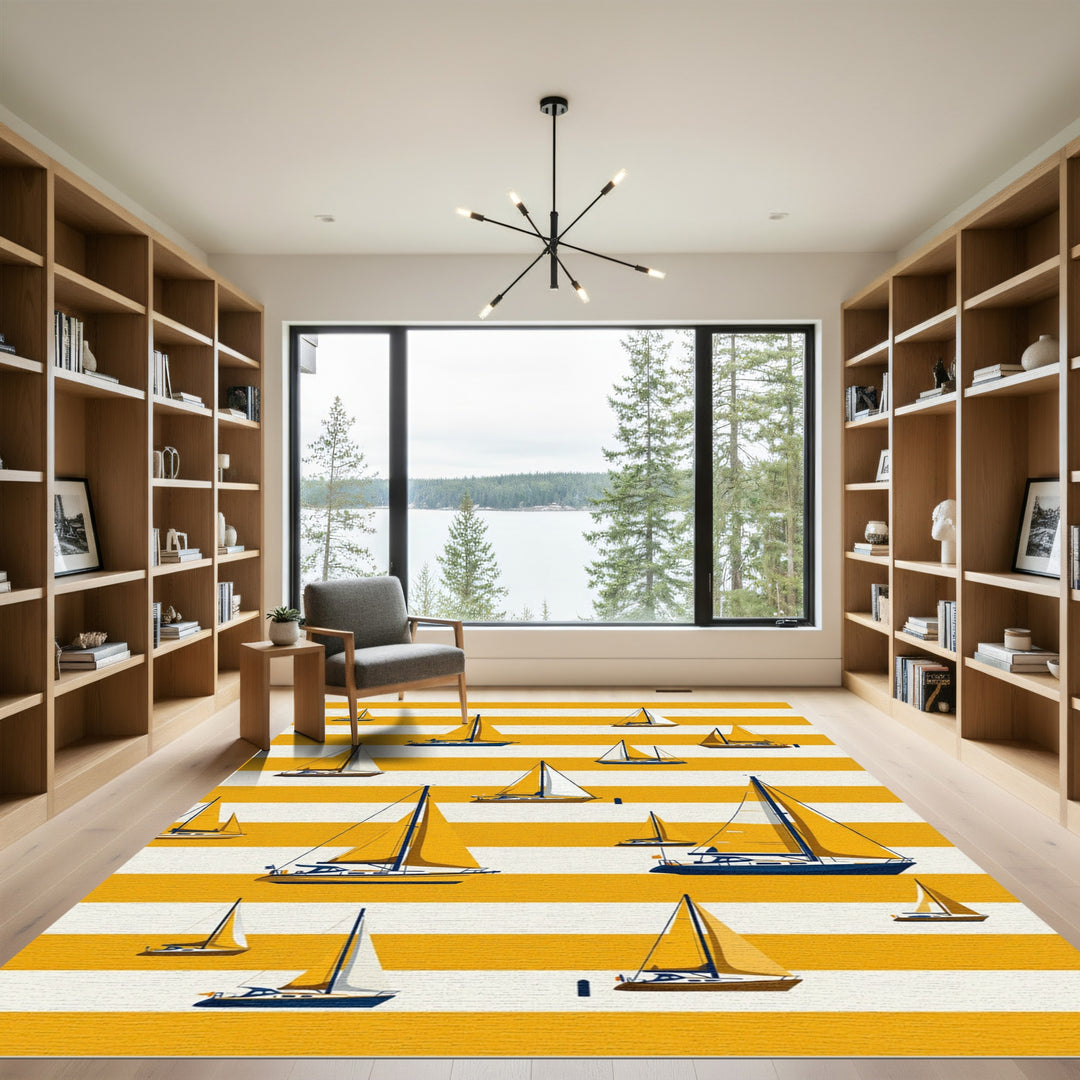 Nautical Yellow Stripes Sailboats Rug