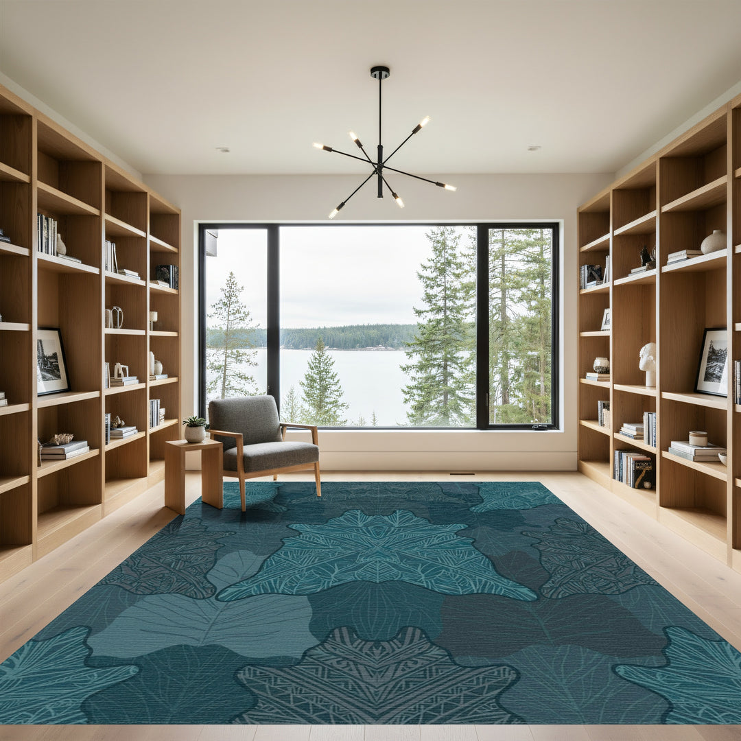 Deep Teal Mandala Leaf Collage Rug