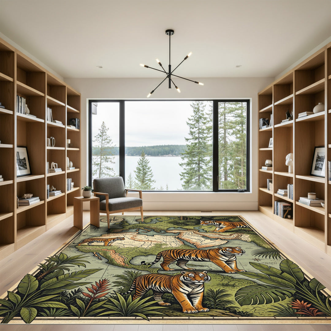 Vintage Tiger Jungle World Map Rug