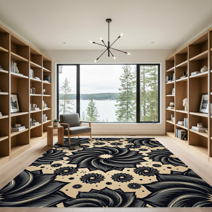 Dark Floral Swirls Cream Rug