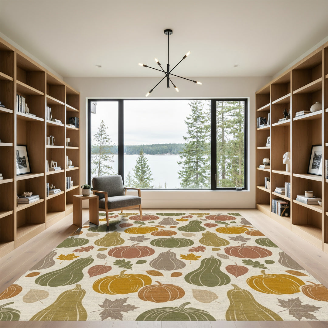 Earthy Pumpkin Squash Fall Leaf Arrangement Rug