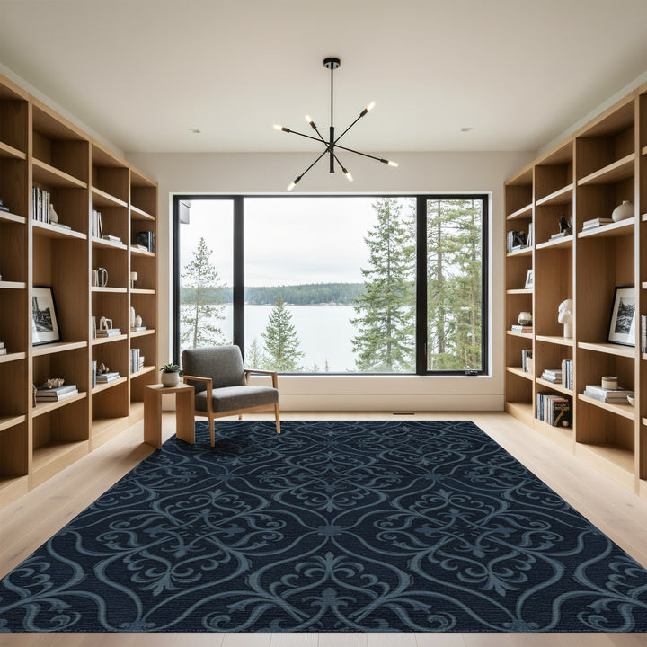 Deep Blue Ornamental Damask Vine Rug