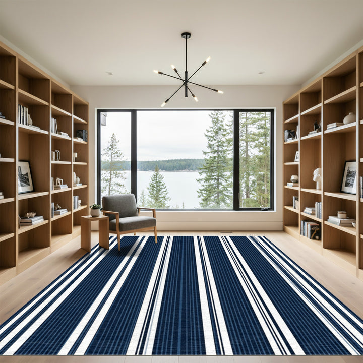 Classic Navy Blue White Stripe Rug