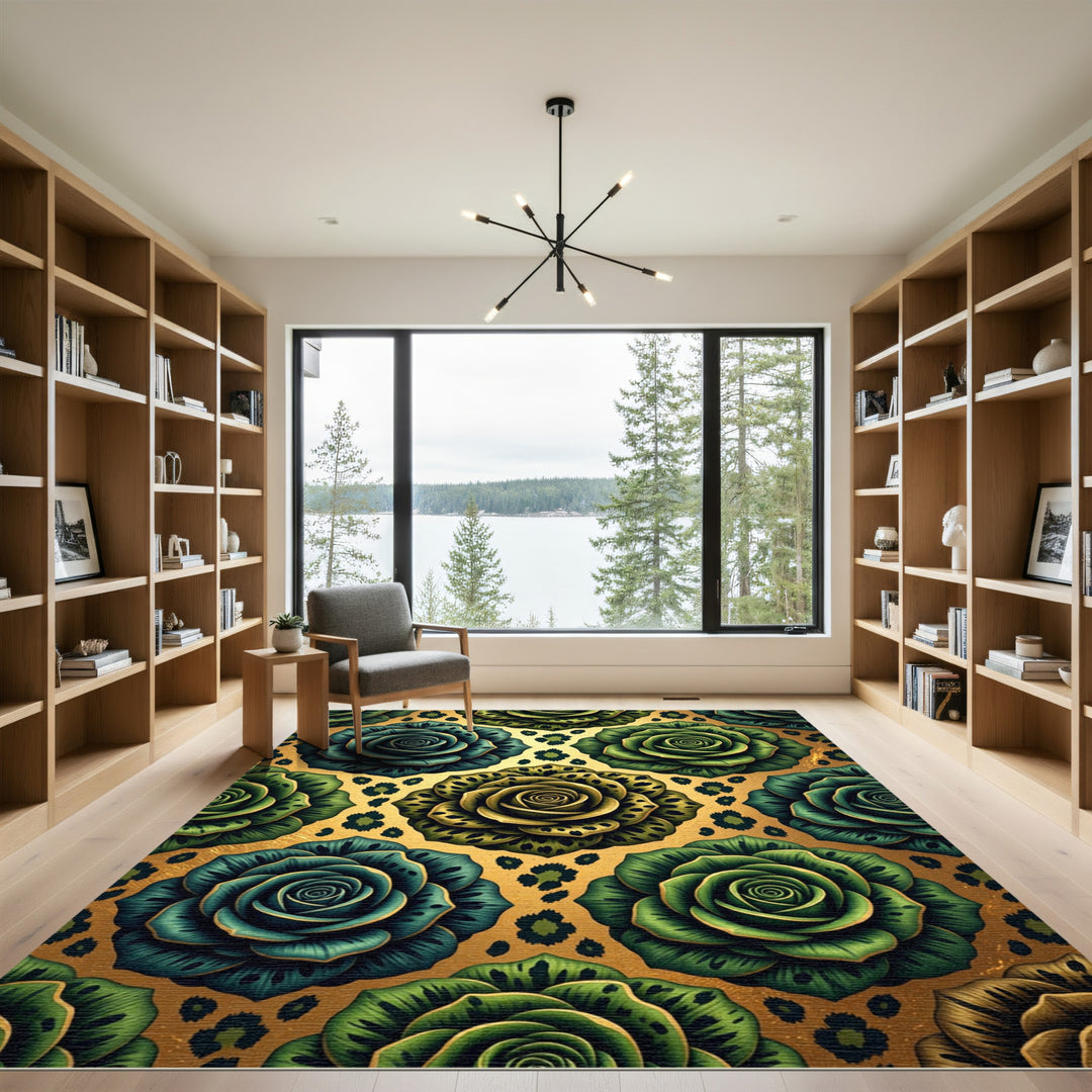 Emerald Teal Floral Leopard Accent Rug