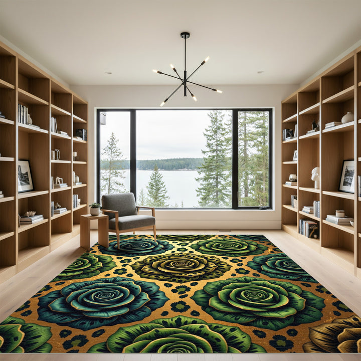 Emerald Teal Floral Leopard Accent Rug