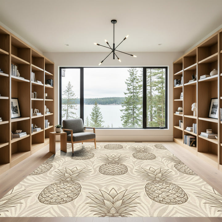 Earthy Tan Pineapple Botanical Scroll Rug