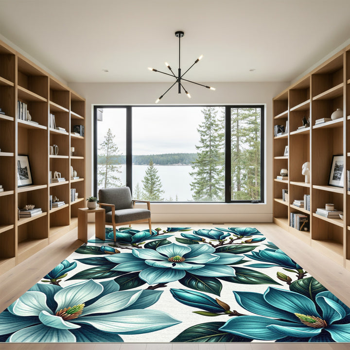 Teal Magnolia Blooms on White Rug