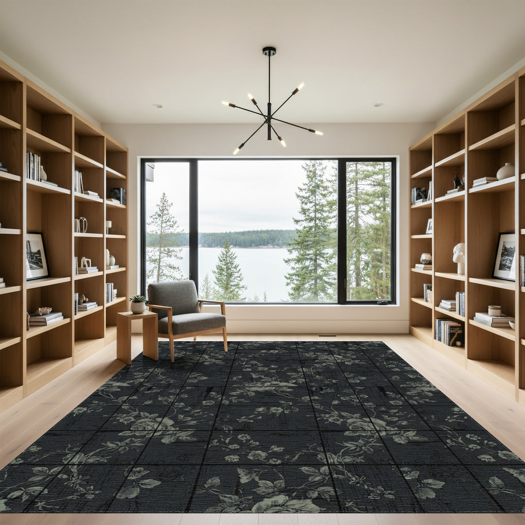Aged Black Floral Vine Wood Grain Rug