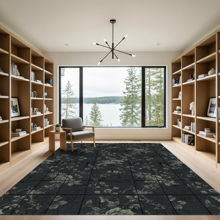 Aged Black Floral Vine Wood Grain Rug