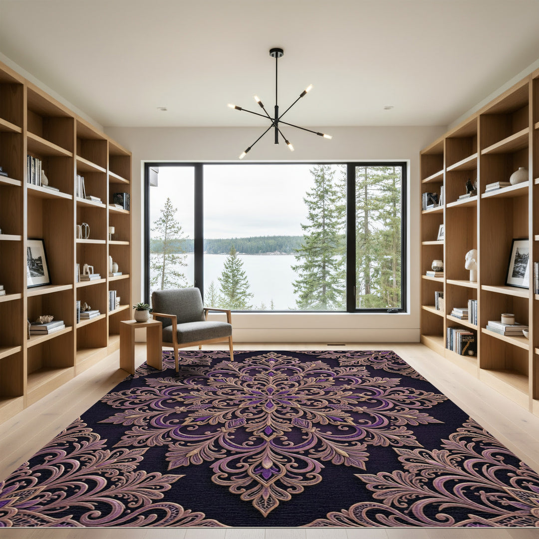 Ornate Purple Gold Damask Mandala Rug