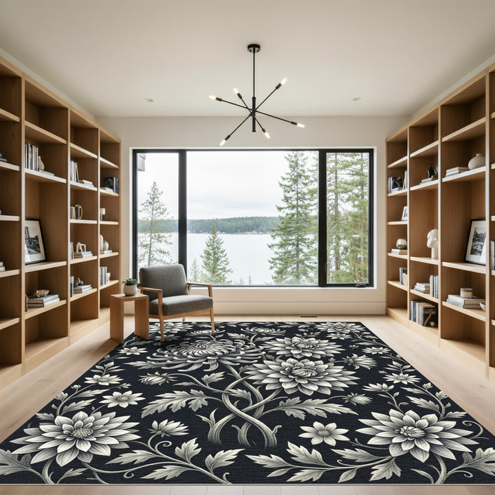 Artistic Black Cream Floral Blossom Rug