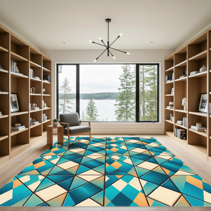 Teal Orange Diamond Geometric Rug