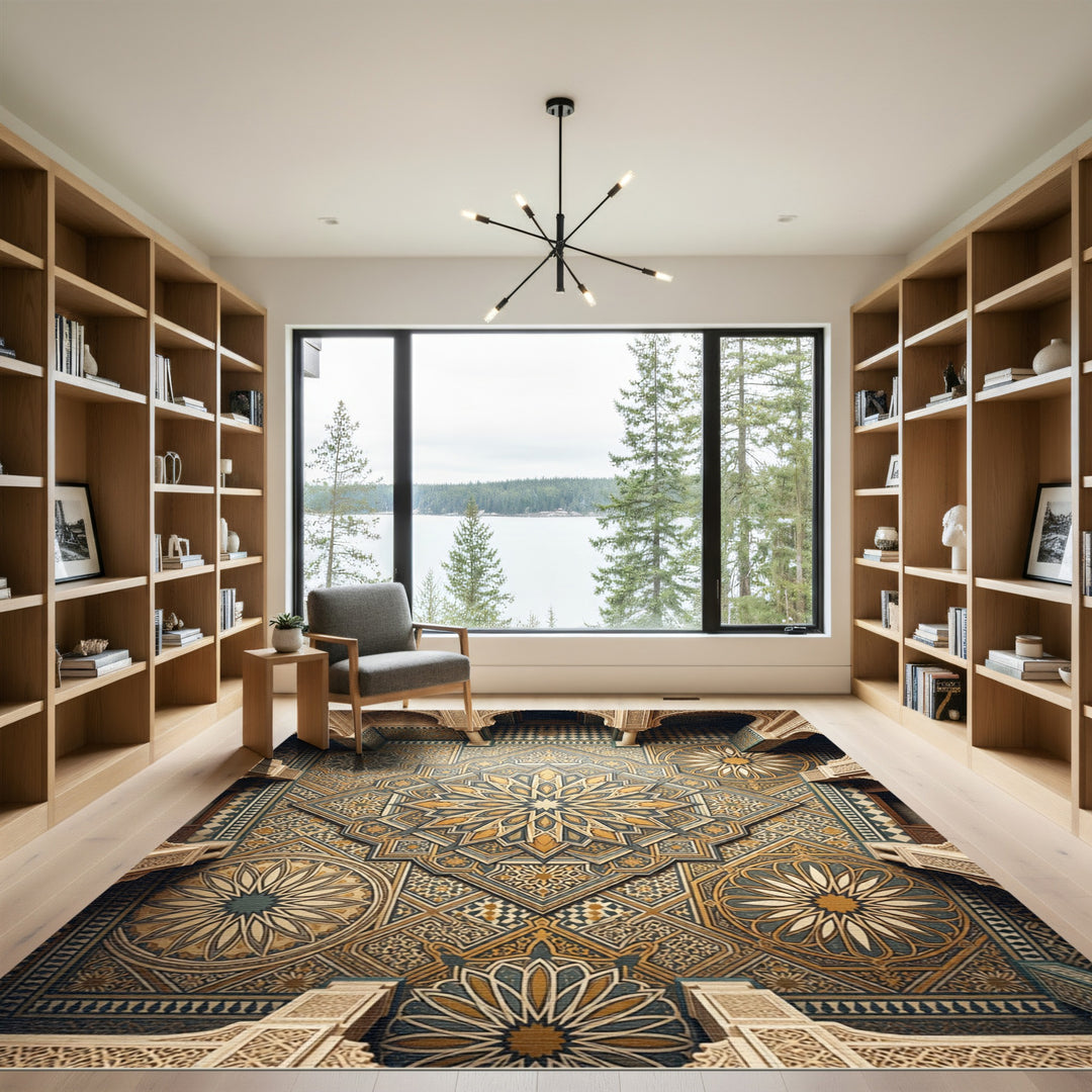 Golden Teal Intricate Geometric Mandala Rug