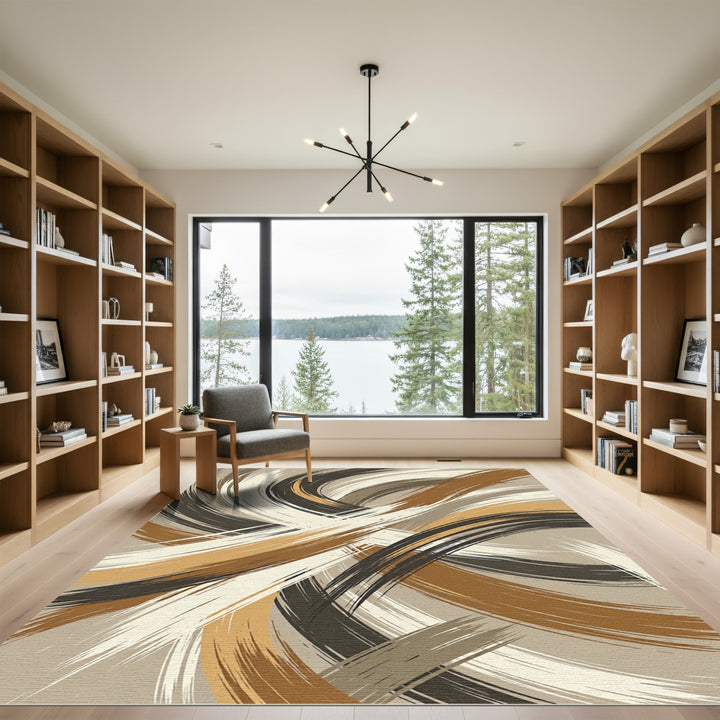 Abstract Brown Swirl Brushstrokes Rug