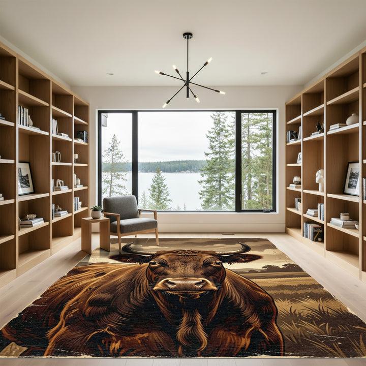 Rustic Brown Bull Farm Landscape Rug