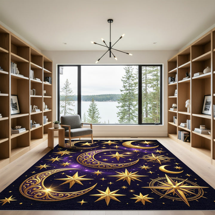 Golden Crescent Stars Cosmic Night Rug