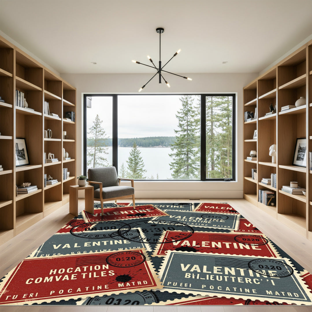 Vintage Red Gray Postage Stamp Rug