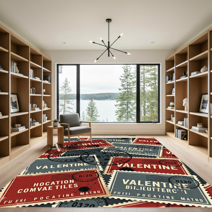 Vintage Red Gray Postage Stamp Rug