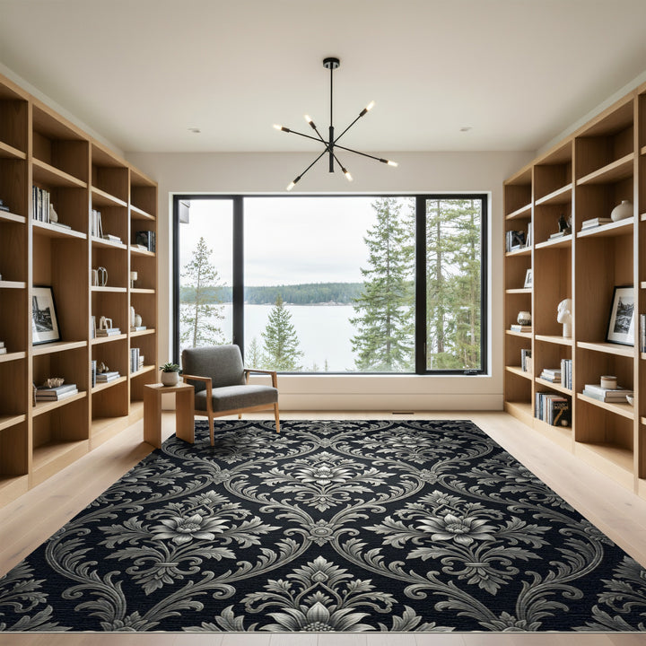 Elegant Silver Floral Damask Rug