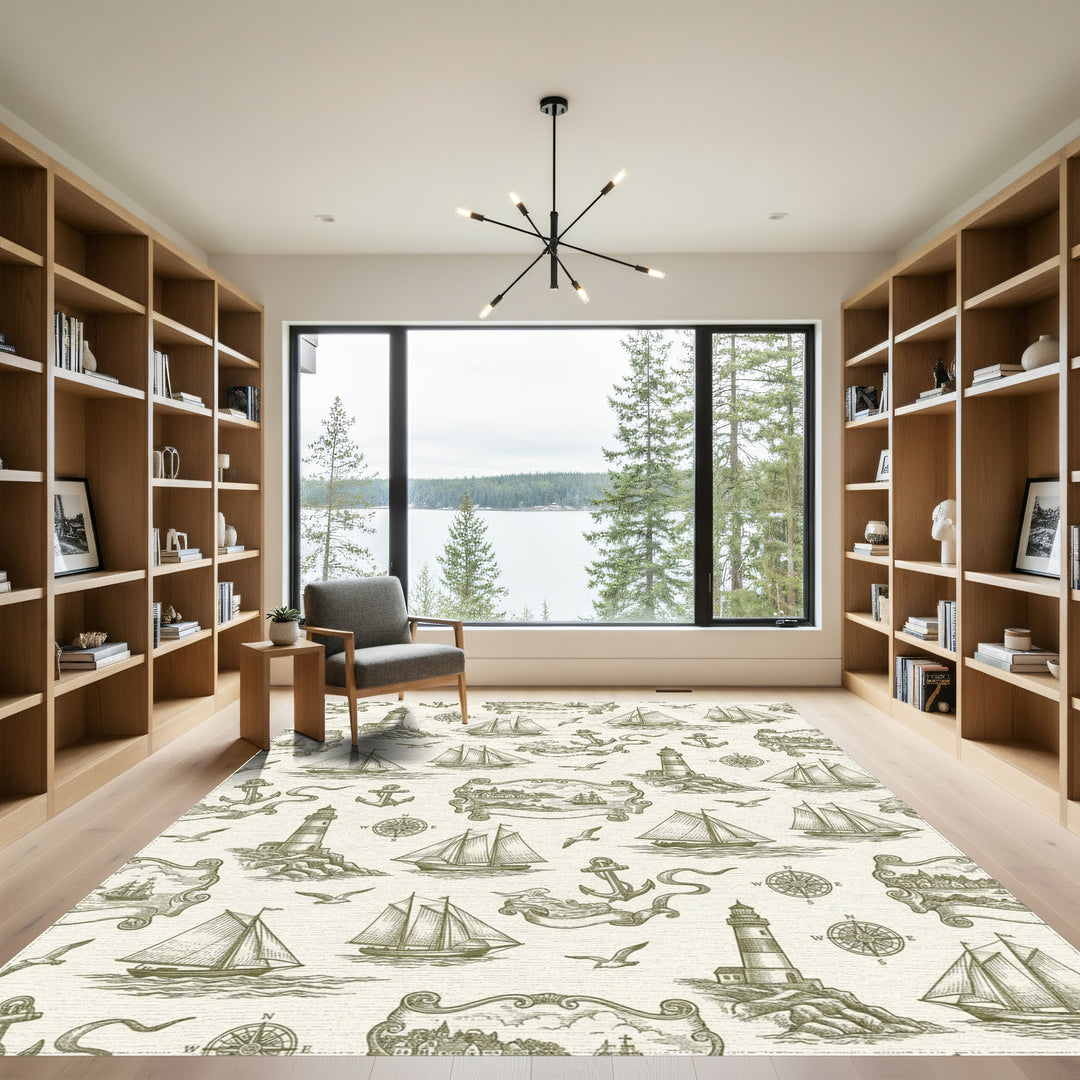 Nautical Lighthouse Sailboat Anchor Marine Scene Rug