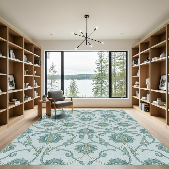 Serene Blue Green Floral Lattice Rug