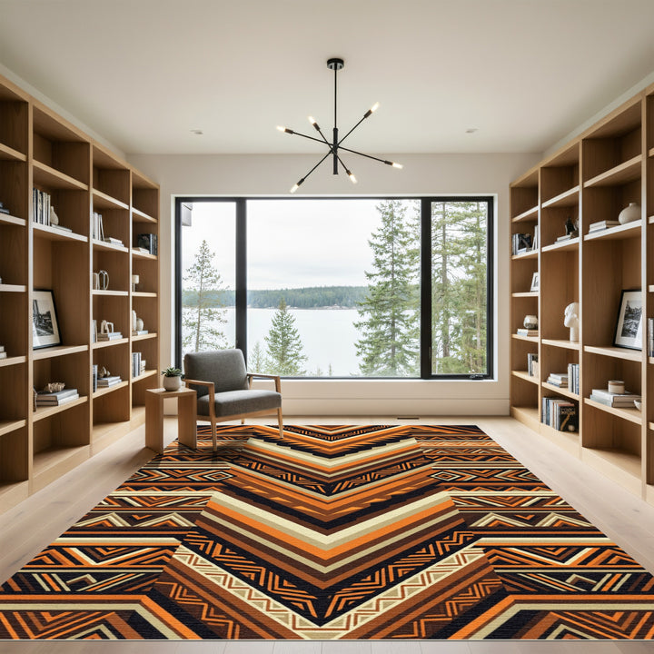 Geometric Tribal Orange Brown Black Rug