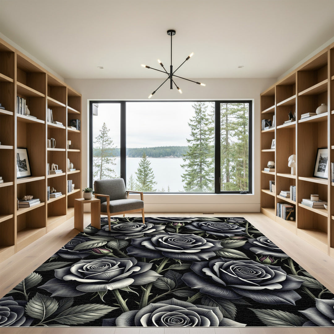 Dark Gray Realistic Rose Garden Rug