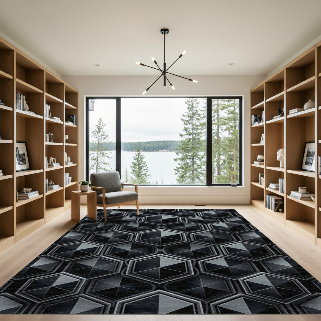 Modern Gray Hexagonal Deep Relief Rug