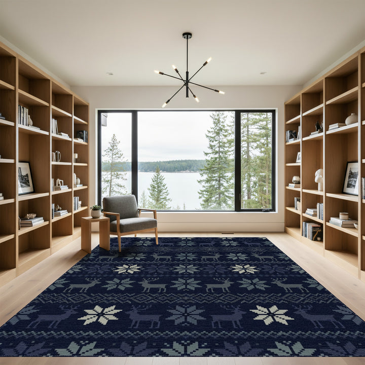 Navy Reindeer Snowflake Nordic Rug