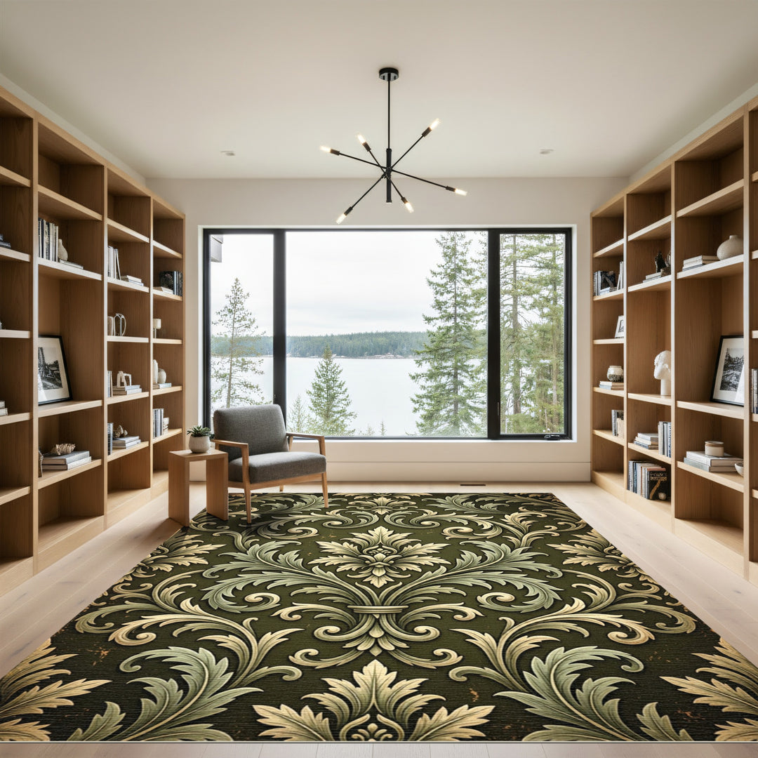 Elegant Green and Gold Damask Rug