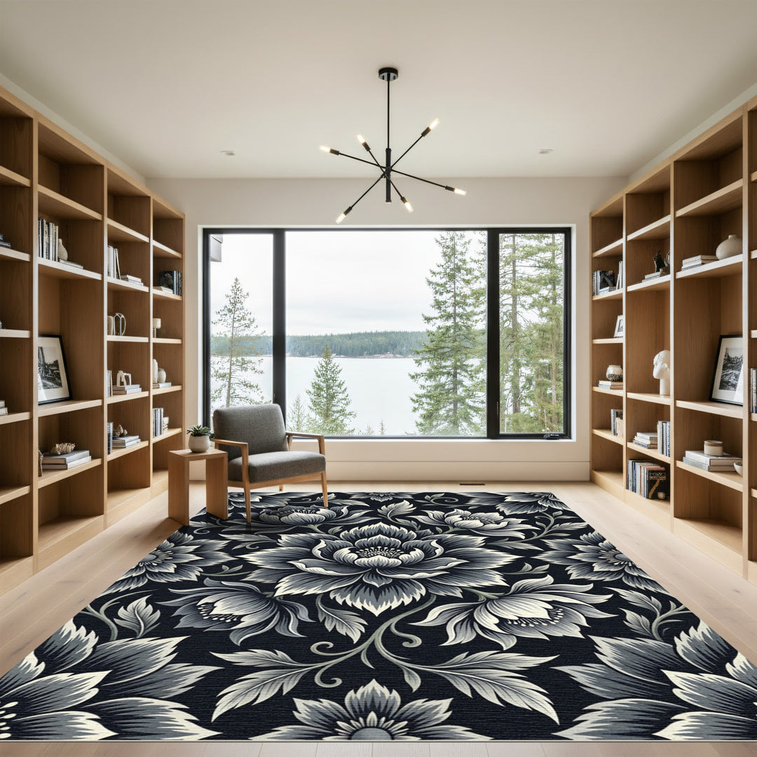 Monochromatic Vintage Floral Vines Rug