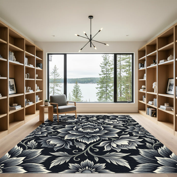 Monochromatic Vintage Floral Vines Rug