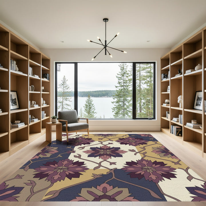 Plum And Gold Floral Tiles Rug