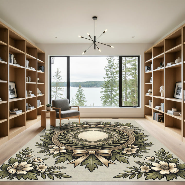 Elegant Laurel Wreath Floral Crest Rug