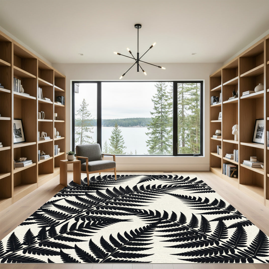 Black Fern Frond Tropical Composition Rug