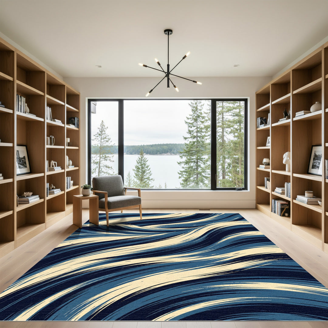 Navy Ivory Swirling Brushstroke Rug