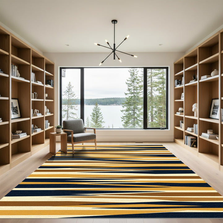 Abstract Ochre Navy Jagged Stripe Rug