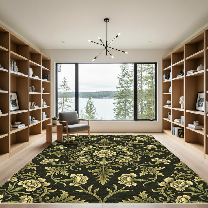 Golden Floral Scrollwork Damask Rug