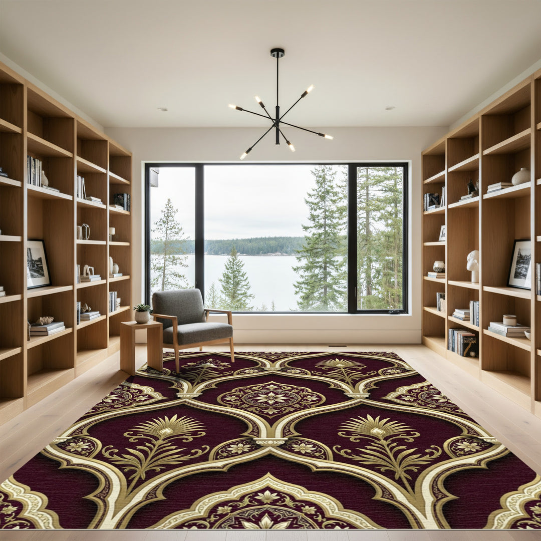 Ornate Gold and Burgundy Archway Rug
