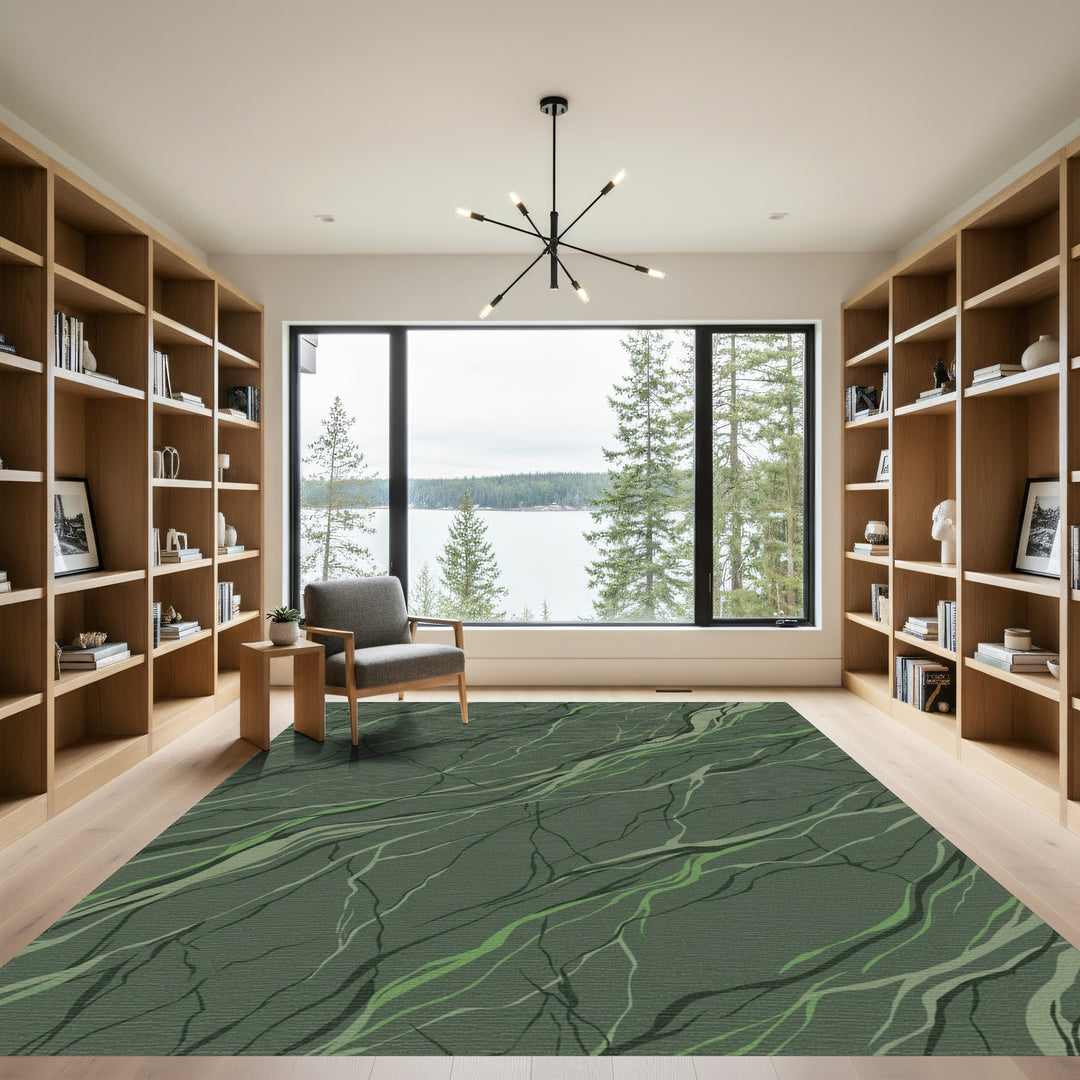 Earthy Green Abstract Root Twig Rug