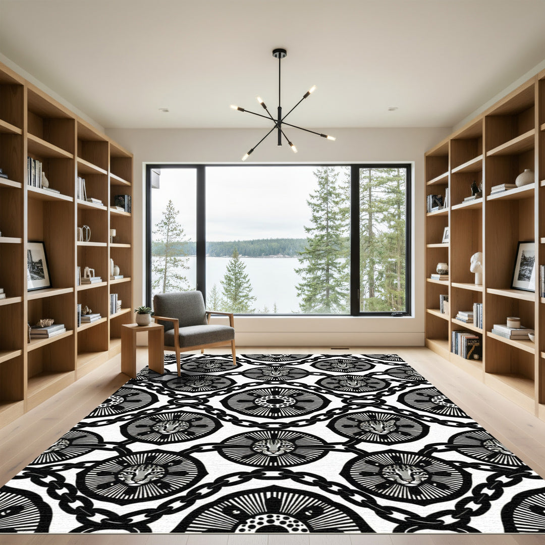 Leopard Medallion Chain Black White Rug