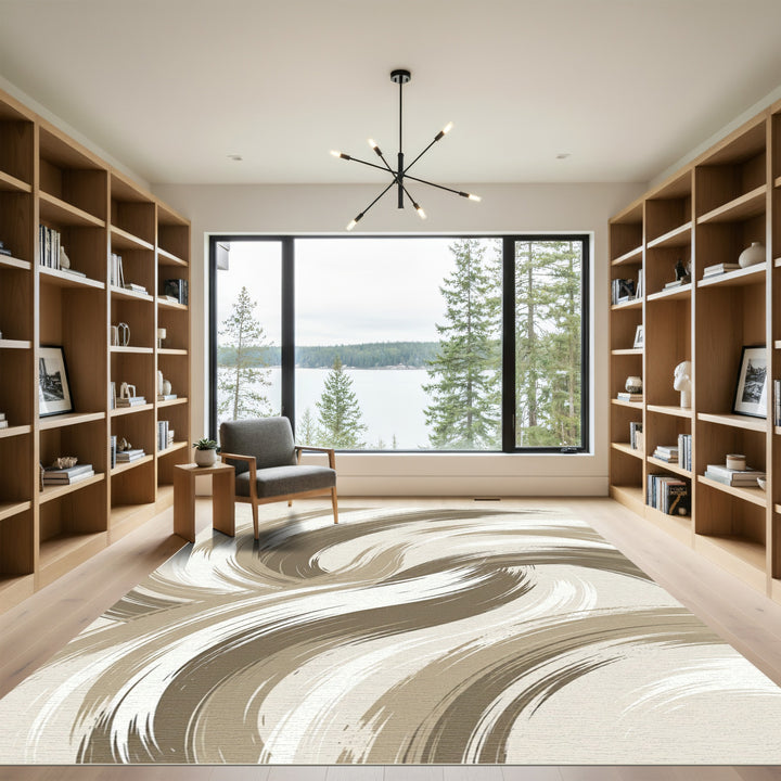 Neutral Swirl Abstract Brushstroke Rug
